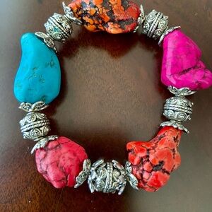 Colorful Natural Howlite Stone and Silver Tone Ball Bracelet 7”-7.5”